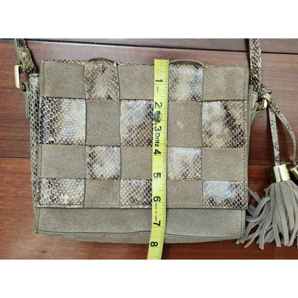 Antropologie Morgan  Woven Suede Crossbody Bag Snakeskin Accents Tassel Boho - Picture 12 of 15